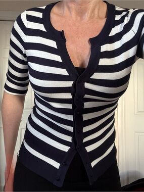 Women’s Navy and White Striped Button-Front Cardigan